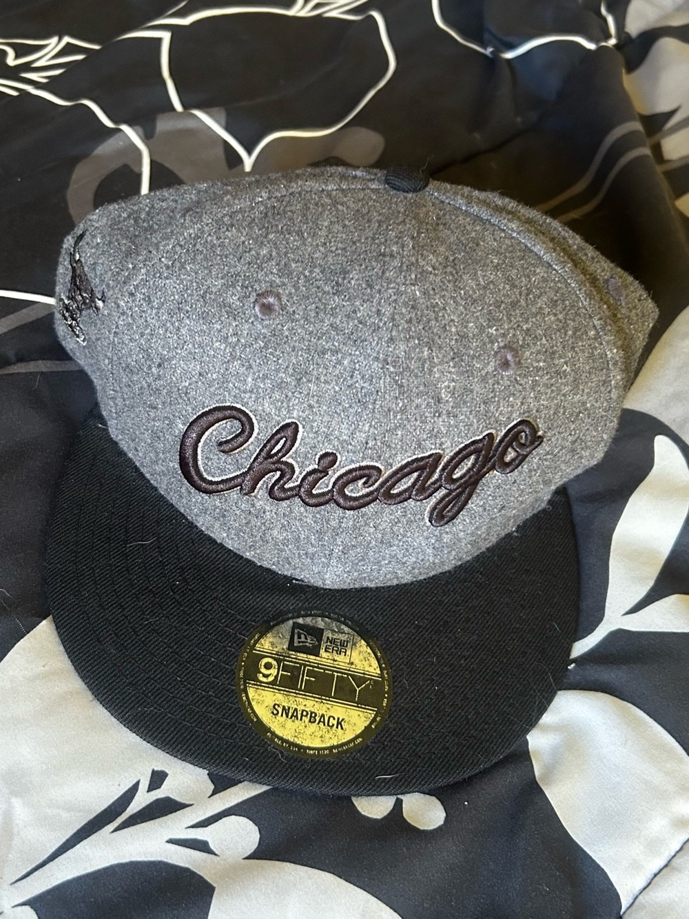 New Era Gray Wool Crown with Black Brim Chicago Script Snapback